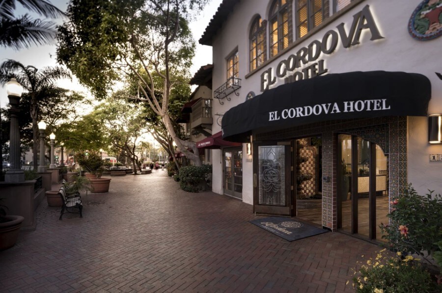 El Cordova Hotel entrance on lovely cobbled streets at dusk