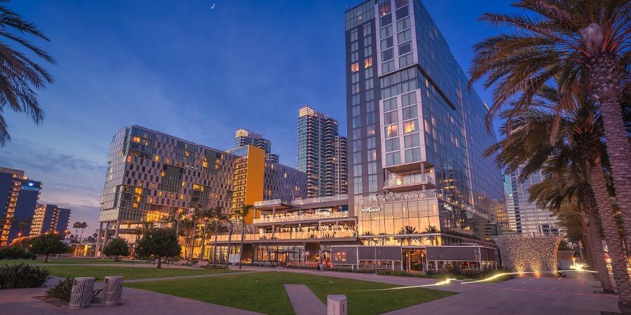 Exterior shot of the InterContinental Hotel in San Diego California at night