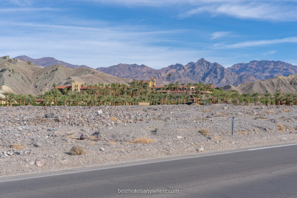 The Inn at Death Valley hotel from the road looking like a desert oasis