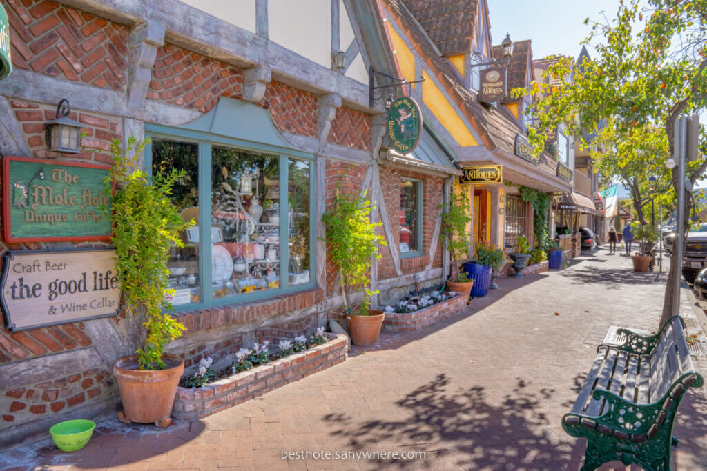 Typical Danish style street in Solvang CA with quaint shops and pedestrian friendly walkways