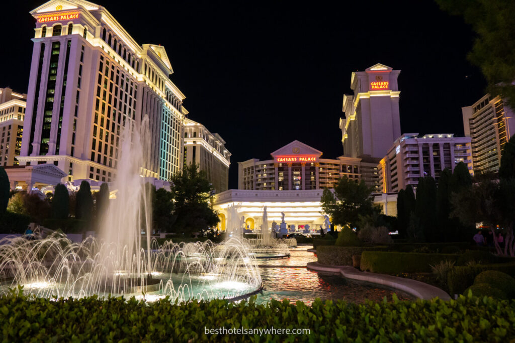Caesars Palace exterior one of the most famous Las Vegas hotels fountain and building illuminated