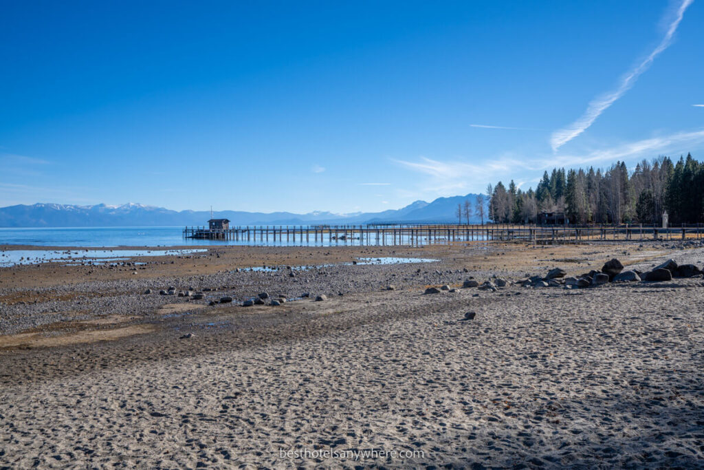 Commons Beach in Tahoe City CA long wooden pier with pebble beach