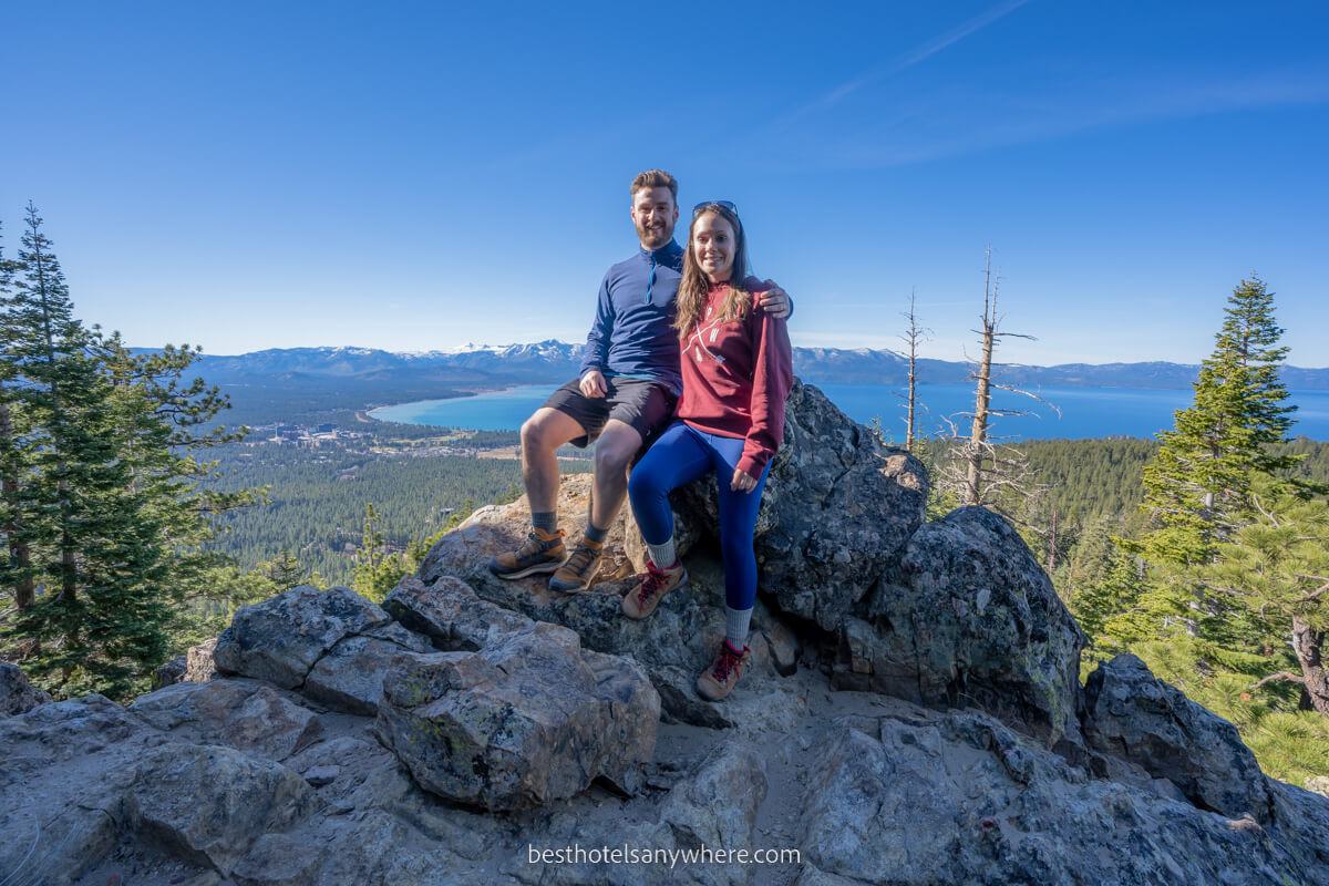 Mark and Kristen Morgan from Best Hotels Anywhere at a hiking trail summit near South Lake Tahoe CA