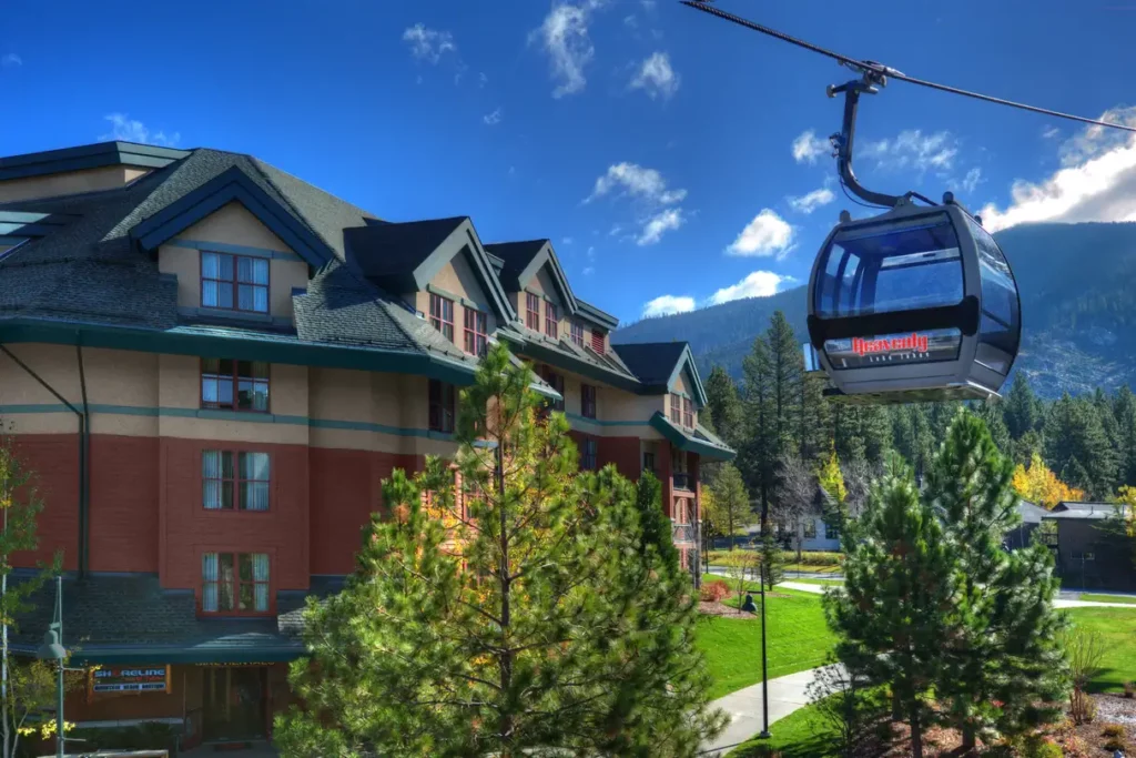 Upscale hotel with cable car on a bright sunny day in Lake Tahoe CA