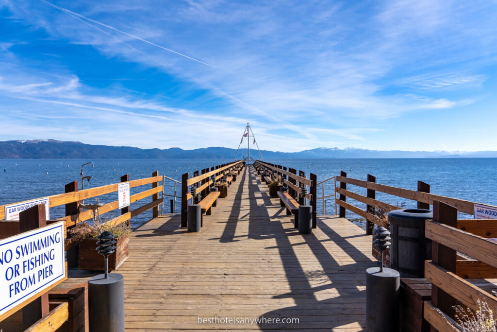 Long wooden pier leading out into Lake Tahoe at Gar Woods Grill