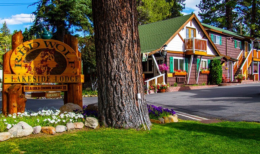 Wooden lodging with sign and thick tree trunk in California