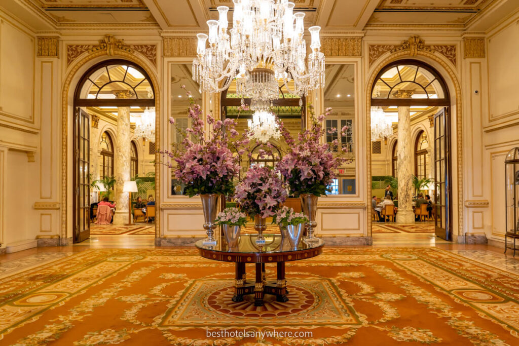 Lobby of the Plaza Hotel in New York City chandelier carpet and classy interior