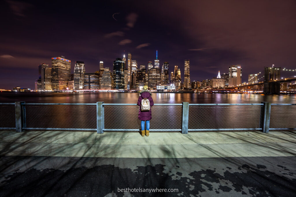 Person in Brooklyn Bridge Park overlooking the East River and NYC skyline at night