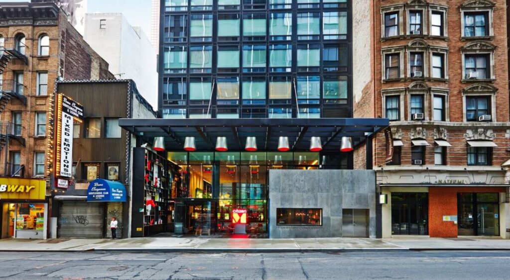 Exterior photo of the entrance to CitizenM Times Square NYC hotel
