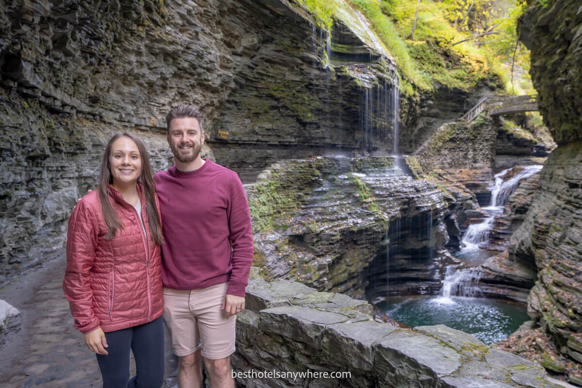 Mark and Kristen Morgan from Best Hotels Anywhere in Watkins Glen State Park gorge at Rainbow Falls