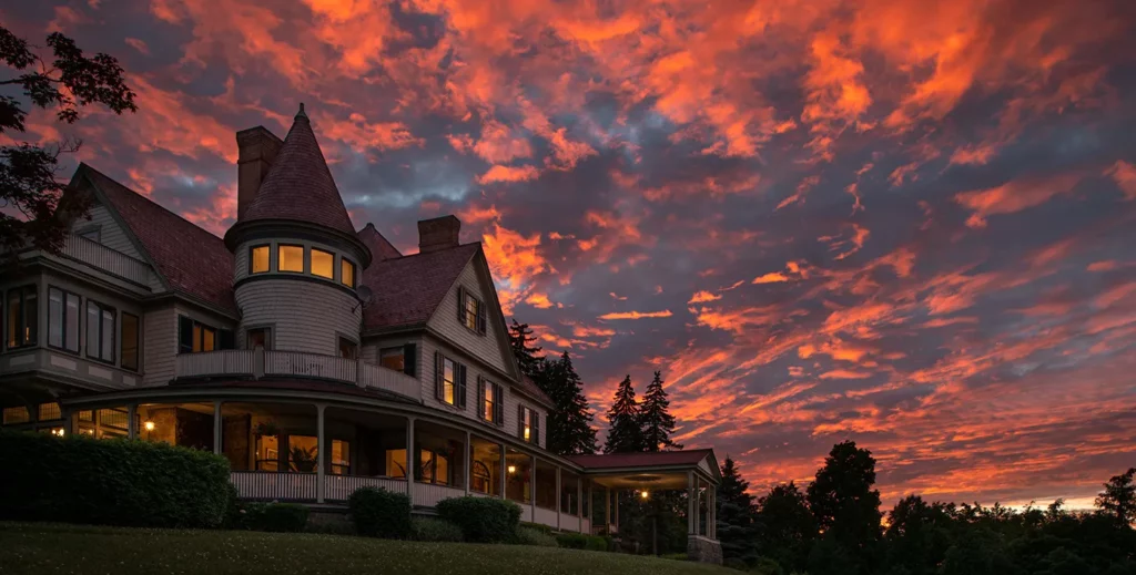 Victorian mansion on a hill at sunset with stunning colorful clouds in the sky