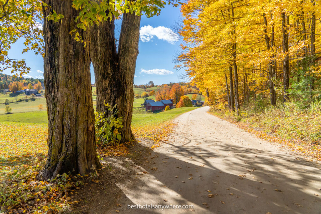 Farm surrounded by stunning colors in Vermont during the fall foliage season