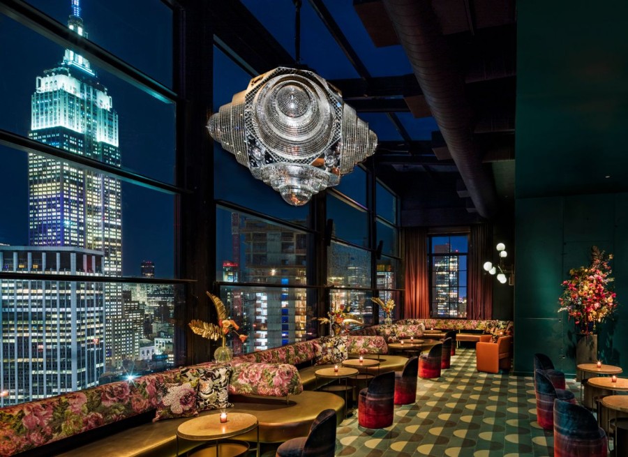 Stunning bar and view over Empire State Building from MOXY NYC Hotel Chelsea