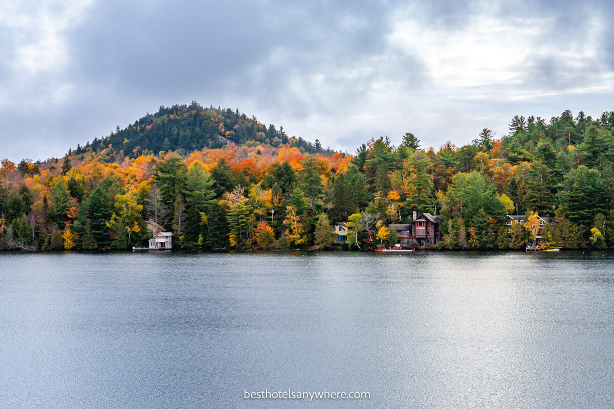 Mirror Lake in Lake Placid NY stunning fall foliage colors and blue lake