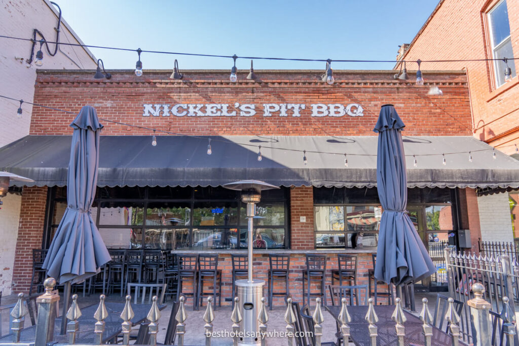 Nickels Pit BBQ restaurant from the outside on a sunny day