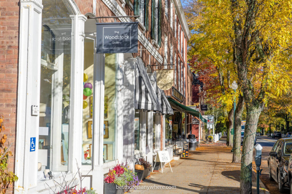 Quaint brick buildings in a line of shops in the village of Woodstock Vermont