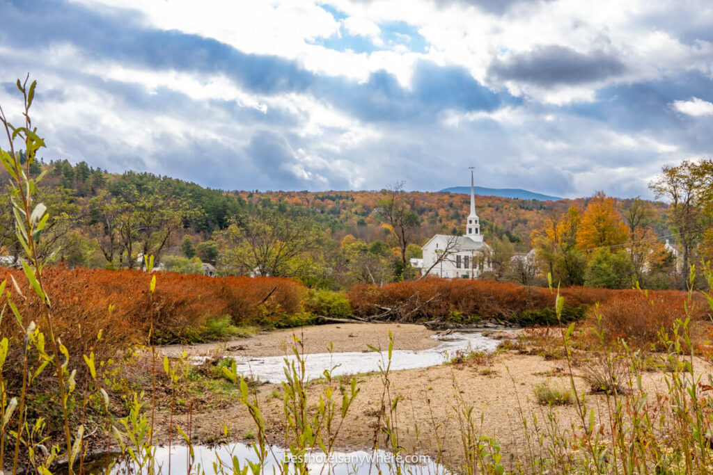 White church in Stowe on a cloudy day in fall
