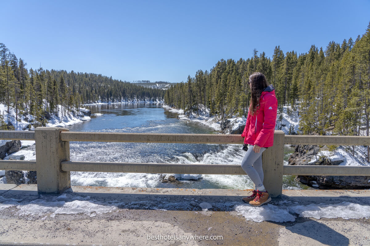 Hiker in pink coat on a bridge overlooking the Yellowstone River near Cody Wyoming