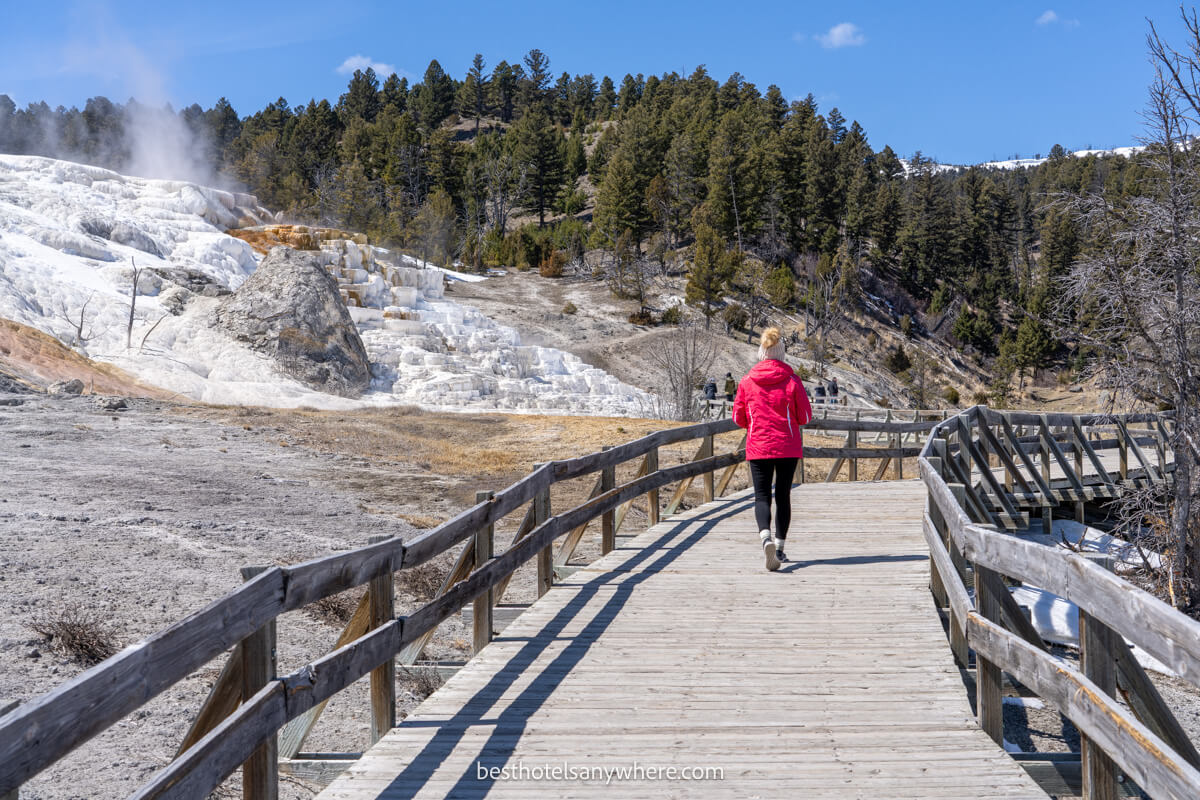 Hiker walking on a wooden boardwalk next to a steaming hot spring