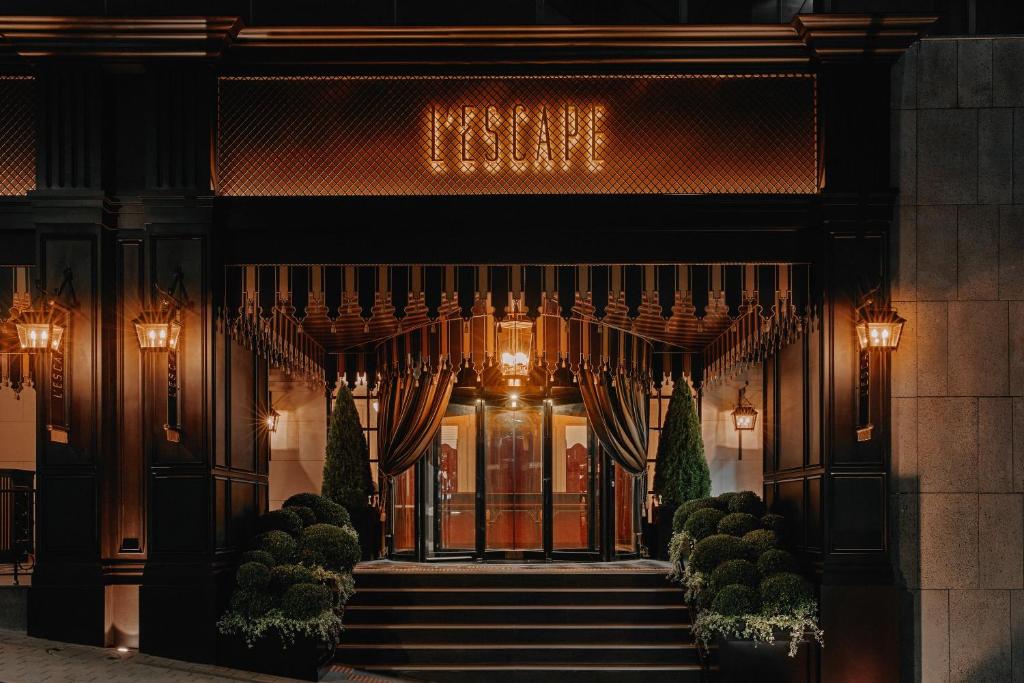 Entrance to L'Escape hotel in Myeongdong at night