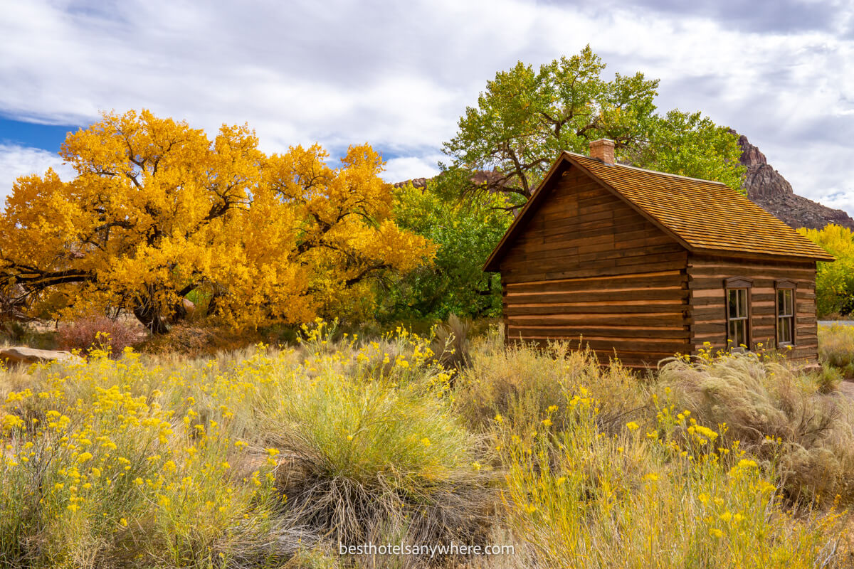 Fruita schoolhouse surrounded by fall foliage colors in Utah