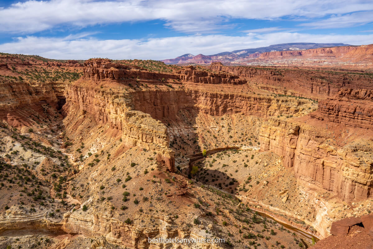 Goosenecks Point overlook in Capitol Reef with deep snaking canyons