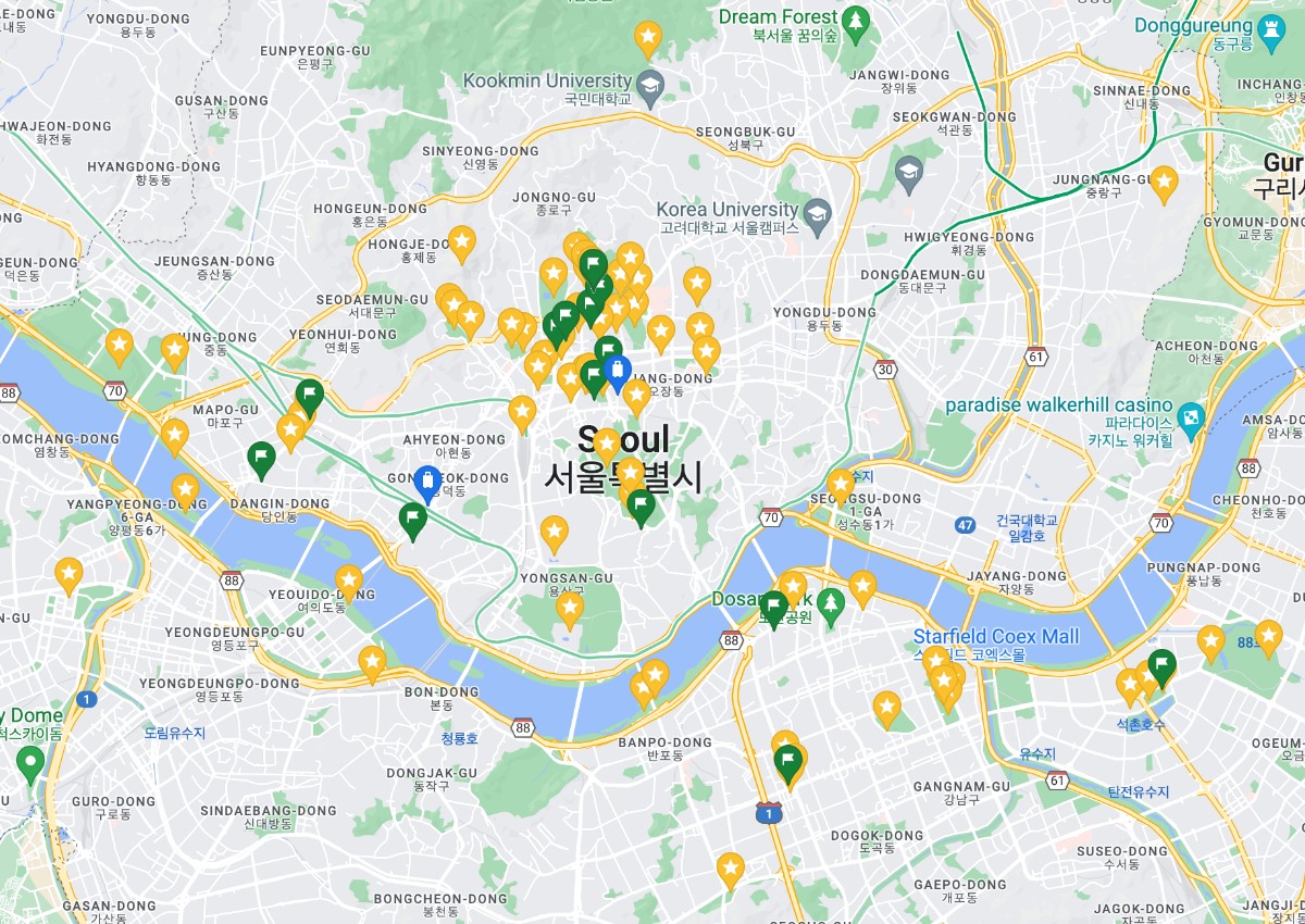 Google Map showing star locations of attractions in Seoul
