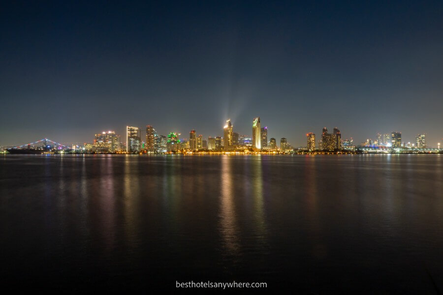 San Diego skyline photo at night from Centennial Park in Coronado