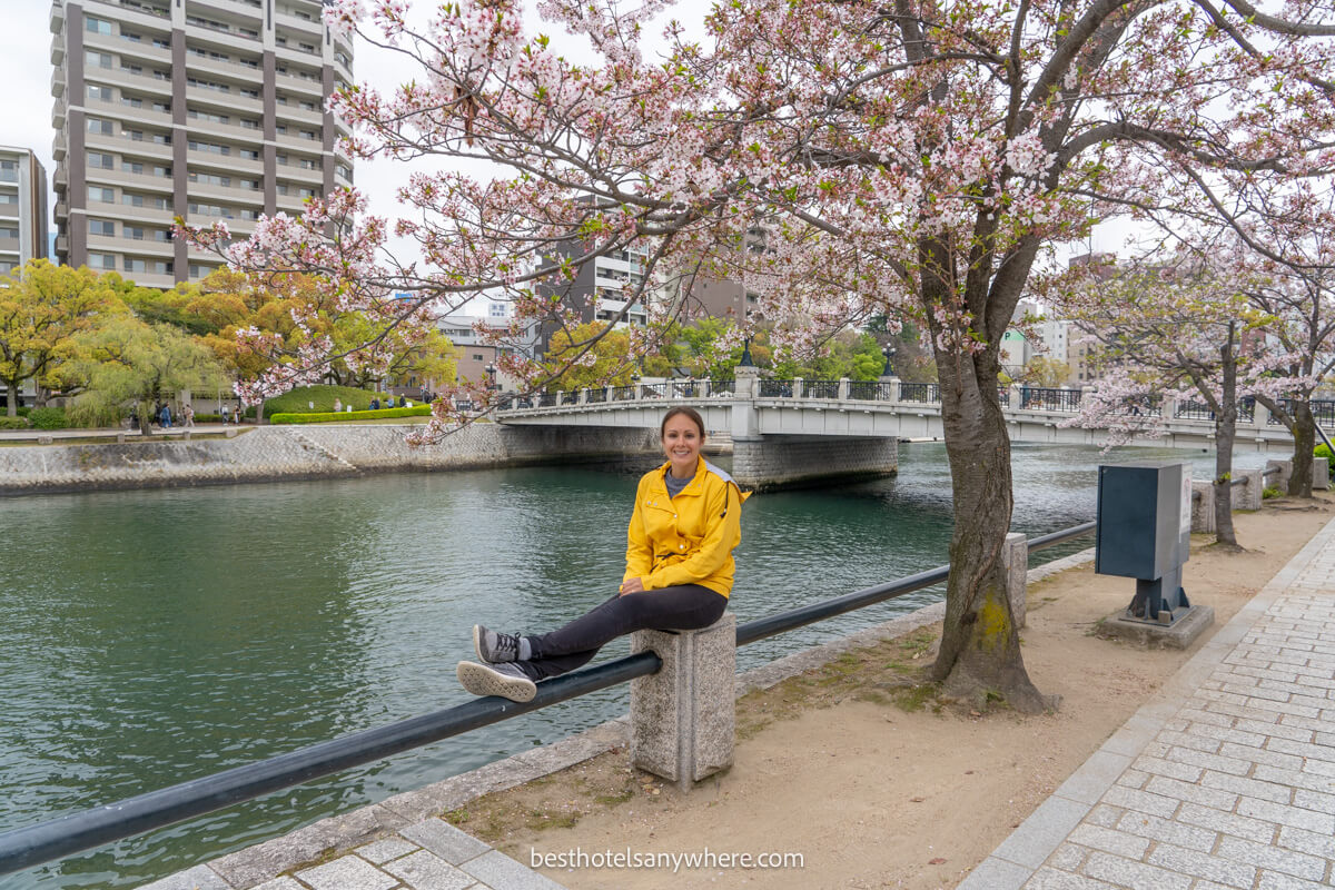 Tourist sat next to a river with cherry blossoms in the background in Japan