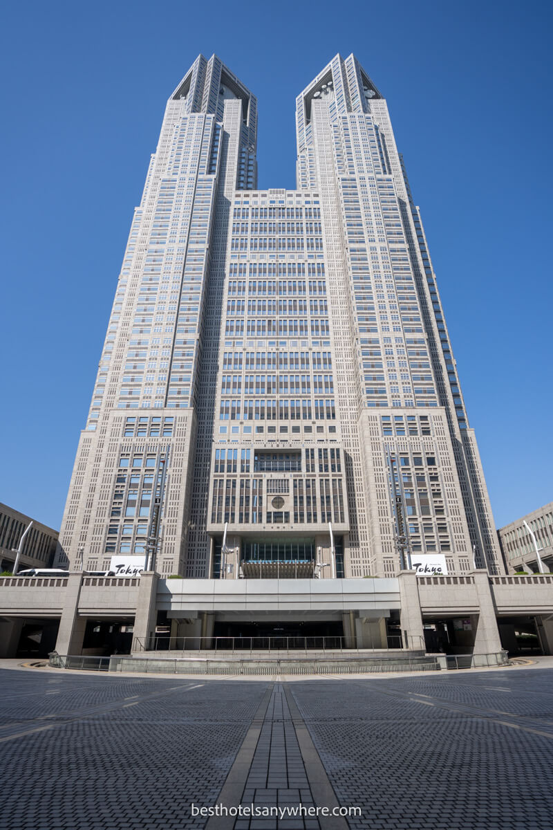 Looking up at the Tokyo Metropolitan Government Building from below on a clear day