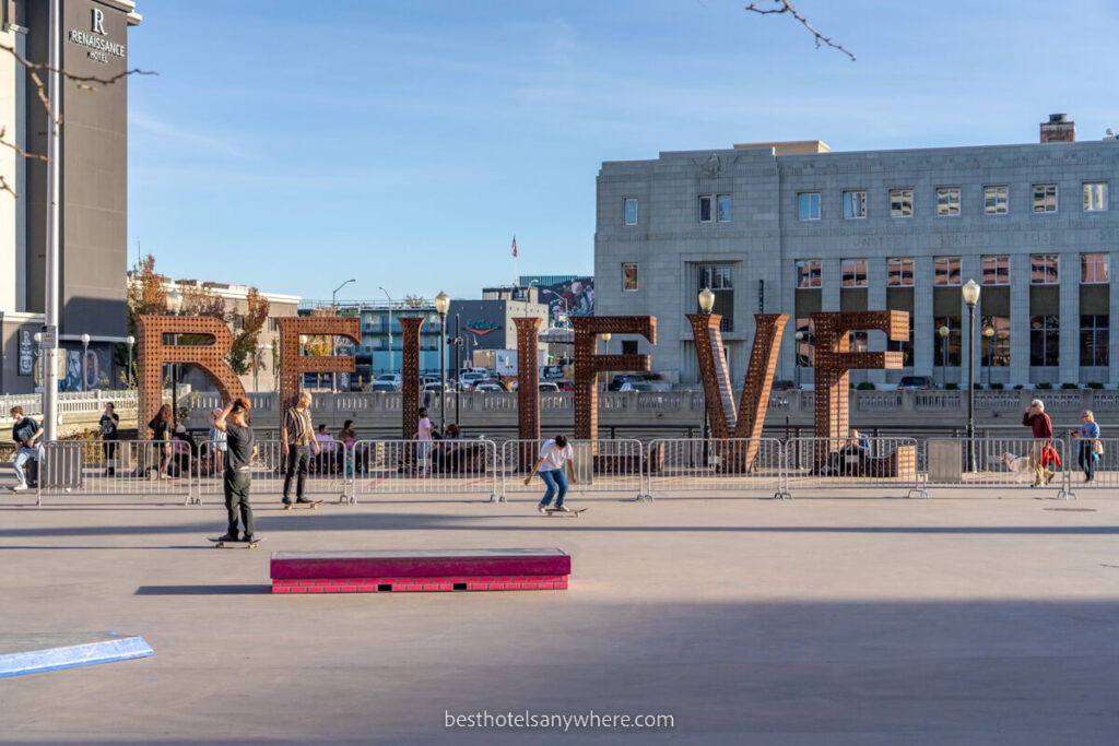 Believe sign in Reno with skateboard park out front